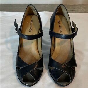 Bass‎ & Co Dinah Black Leather Peep Toe Mary Jane Heels Shoes Size 5M